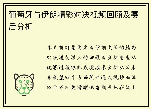 葡萄牙与伊朗精彩对决视频回顾及赛后分析